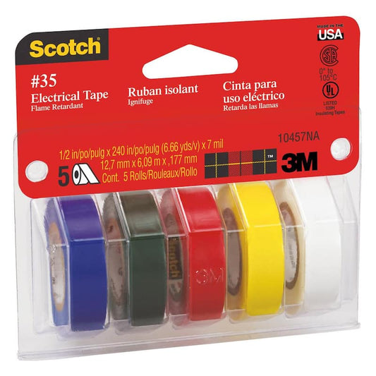 1/2 in. x 20 ft. Electrical Tape, Blue/Green/Red/Yellow/White (5-Pack)